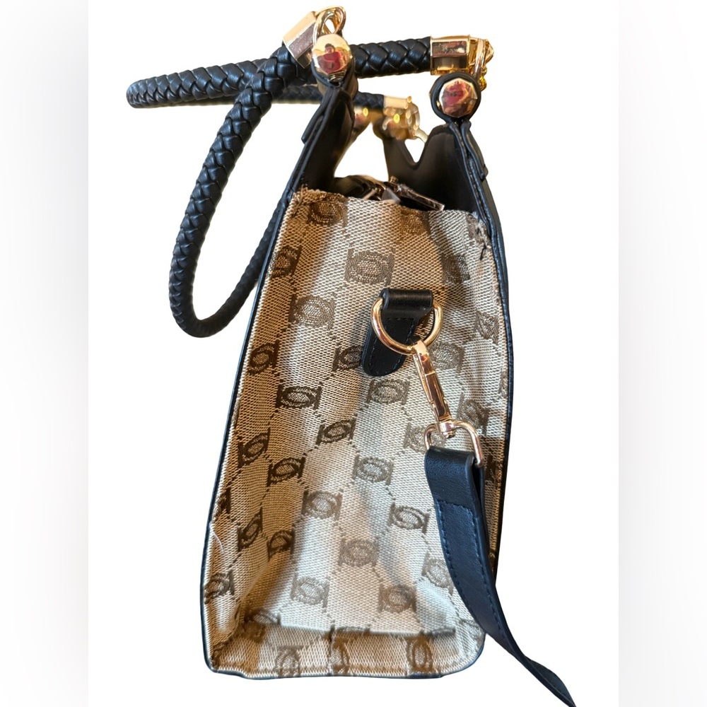 Bebe NWT Black Brown Rhinestone Studs Shoulder Satchel Bag & Leopard Bag Charm - Picture 4 of 12